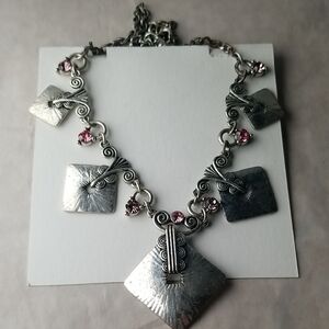 Art Deco Style Square And Pink Rhinestone Necklace